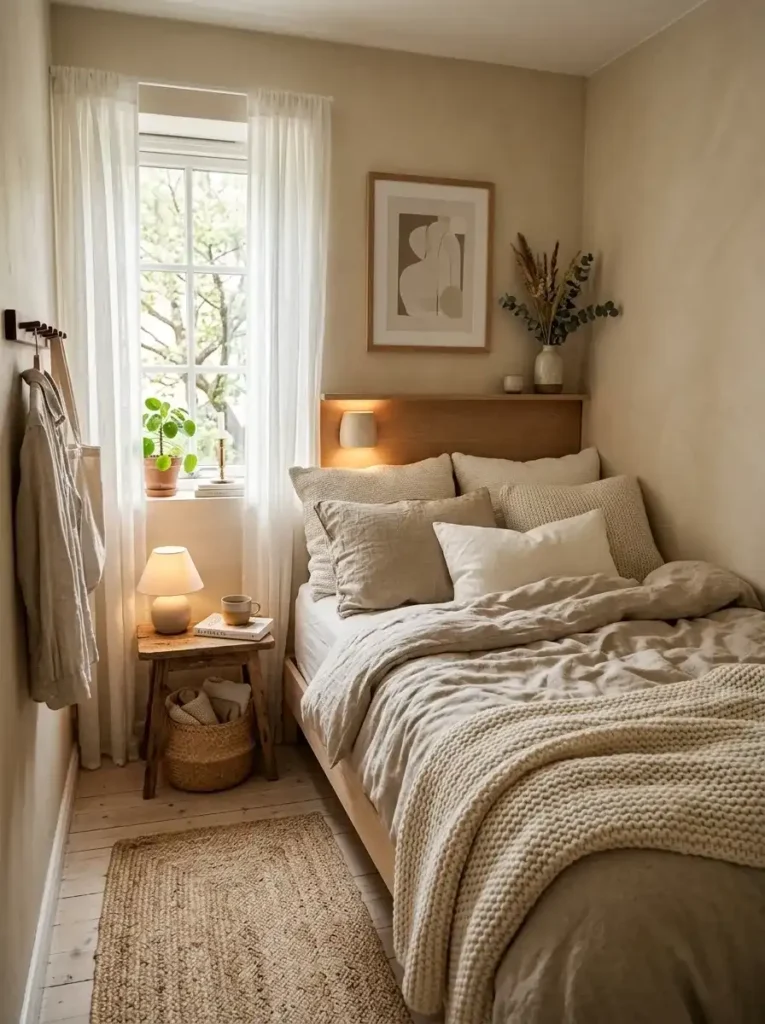 Ultra realistic tiny apartment bedroom with soft minimalist setup, warm neutral bedding, layered textures, cozy calming atmosphere, Pinterest-style interior photography