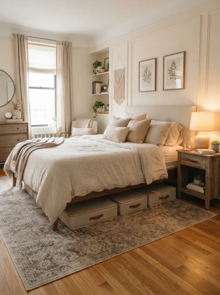 Warm realistic bedroom with slim flat under-bed keepsake storage cases, cozy neutral decor, soft ambient lighting, organized apartment atmosphere, Pinterest-worthy ultra realistic interior photography