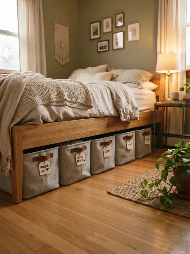 Realistic under-bed storage system with minimalist labels on fabric bins, cozy small bedroom atmosphere, warm lighting, organized renter-friendly apartment design, ultra realistic Pinterest interior photography