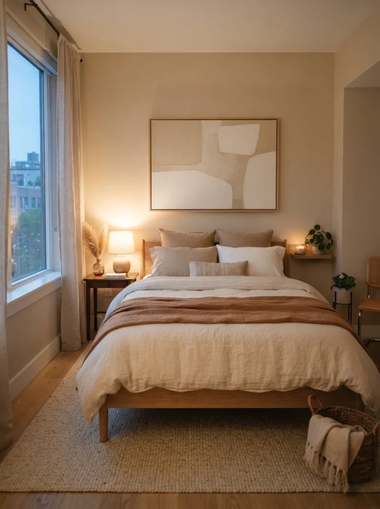Tiny bedroom with large minimal wall art above bed, warm neutral bedding, soft evening lighting, calm uncluttered styling, realistic apartment proportions, cozy modern atmosphere, Pinterest-worthy ultra realistic photography