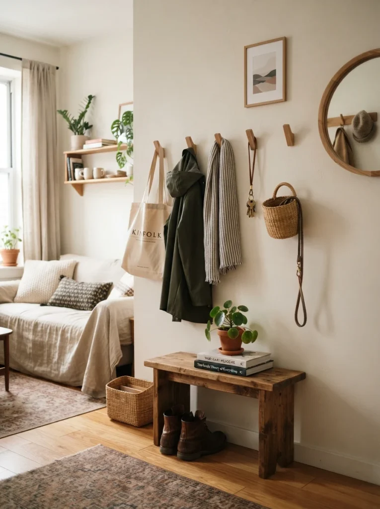Realistic small room with hidden cable management setup, warm layered lighting, cozy neutral decor, clean organized surfaces, compact apartment atmosphere, ultra realistic Pinterest home photography