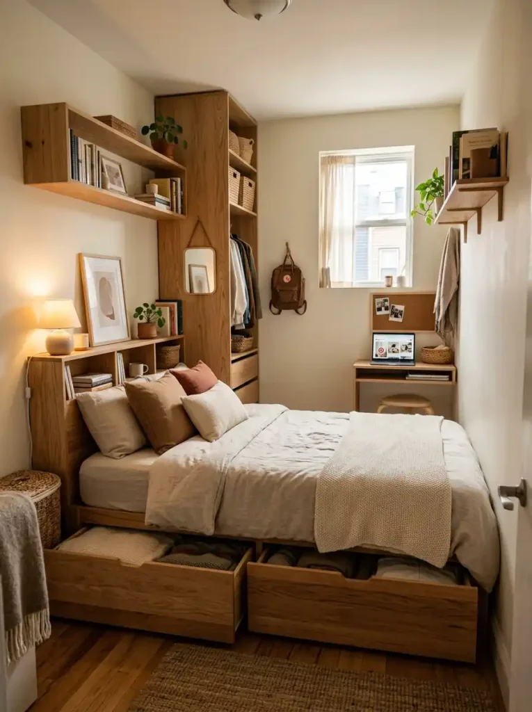 Small cozy bedroom with softly styled open shelves, books and woven baskets, warm ambient lighting, realistic apartment atmosphere