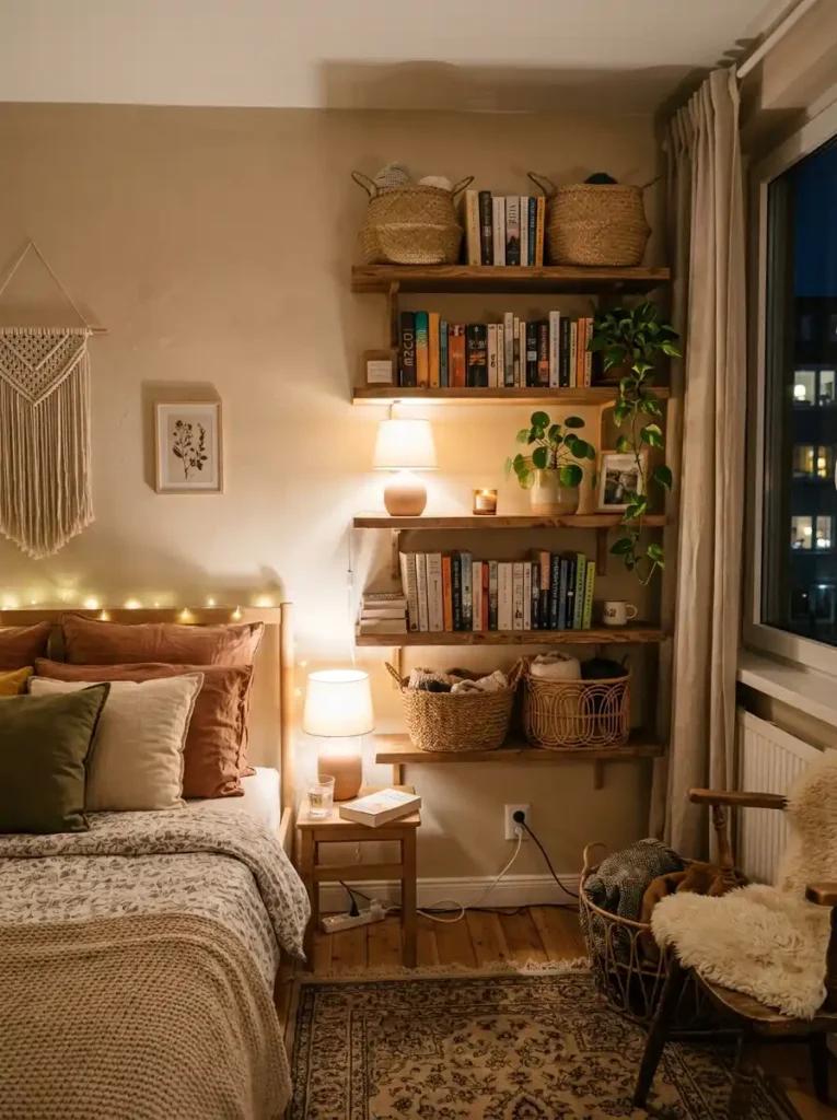 Small cozy bedroom with softly styled open shelves, books and woven baskets, warm ambient lighting, realistic apartment atmosphere