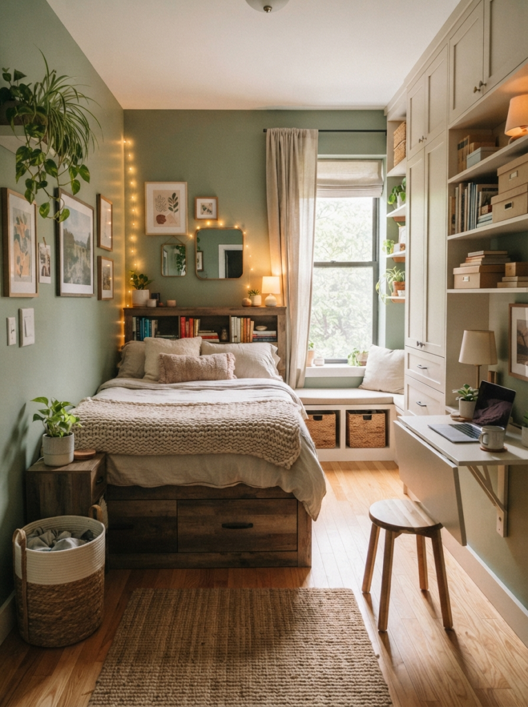 Cozy tiny bedroom with warm lighting around storage shelves, layered neutral textures, realistic nighttime apartment atmosphere