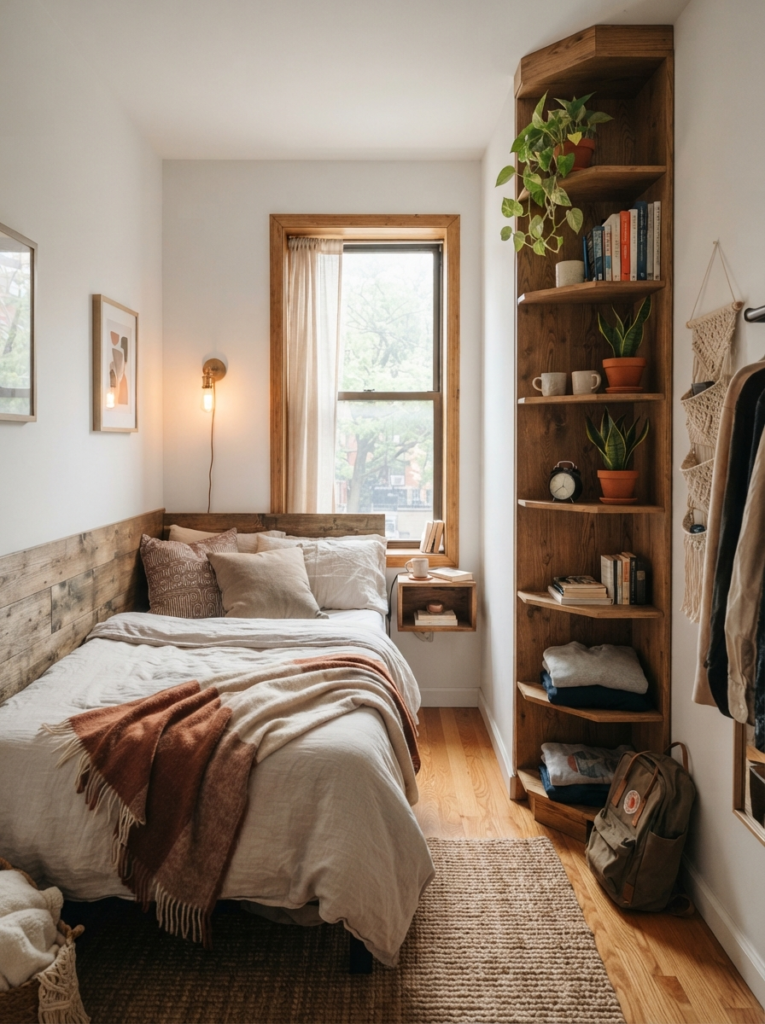 Tiny apartment bedroom with slim vertical corner storage, warm wood textures, cozy compact atmosphere, ultra realistic Pinterest photography