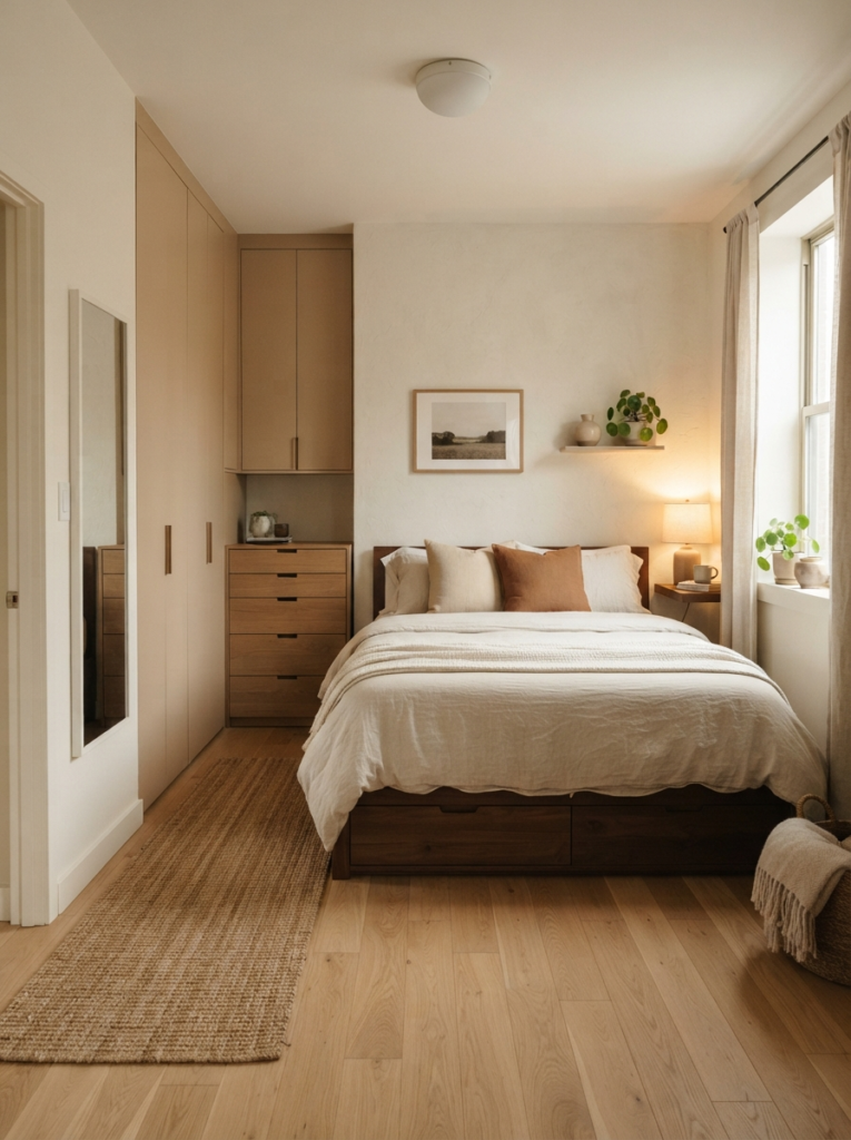 Small apartment bedroom with clear open walking paths and hidden storage, warm neutral decor, realistic compact layout, calming atmosphere