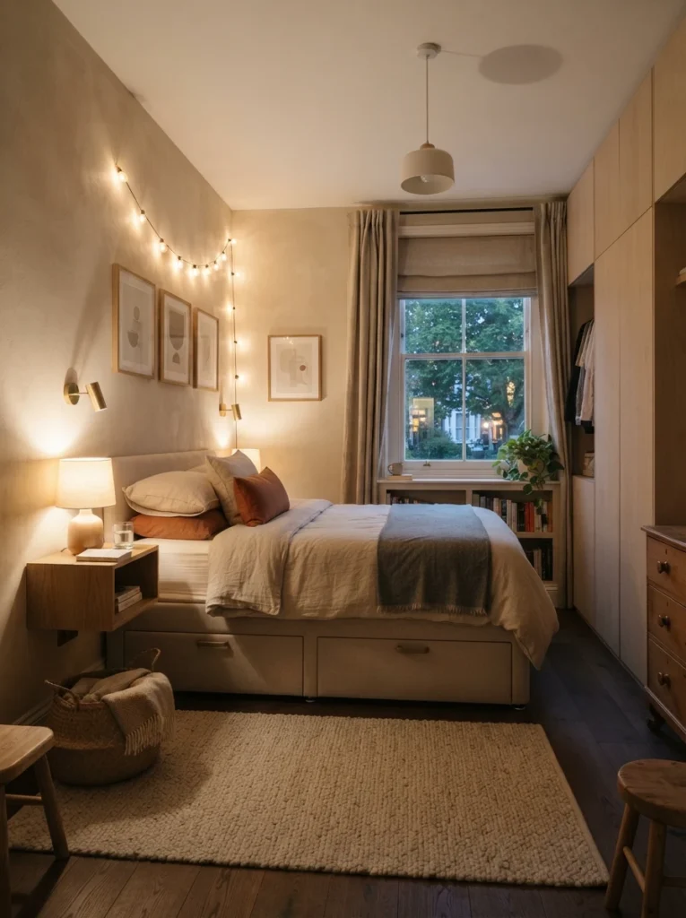 Ultra realistic small bedroom combining stylish decor with hidden storage, warm layered lighting, cozy neutral textures, calming realistic apartment atmosphere