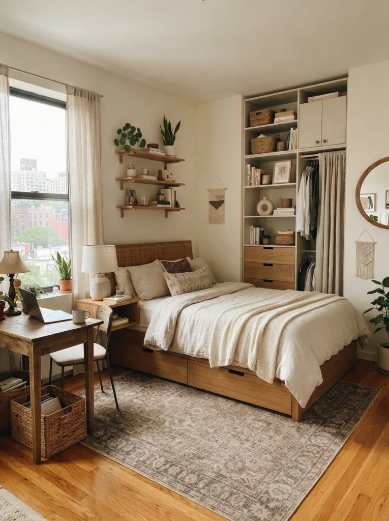 Small bedroom with practical stylish storage placed near daily-use areas, warm neutral textures, realistic apartment atmosphere, Pinterest-style photography