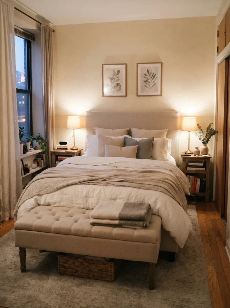 Elegant small bedroom with upholstered storage bench at foot of bed, layered neutral bedding, warm lighting, realistic apartment atmosphere