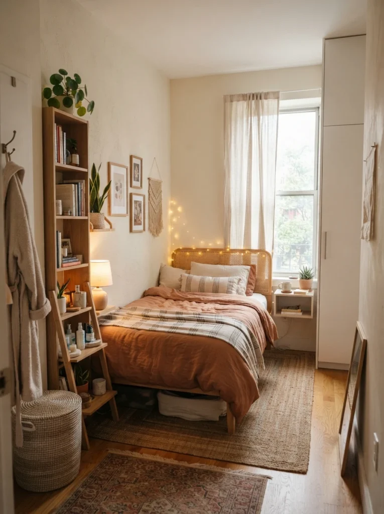 Tiny cozy bedroom with slim vertical storage and airy furniture styling, warm natural textures, realistic compact apartment layout