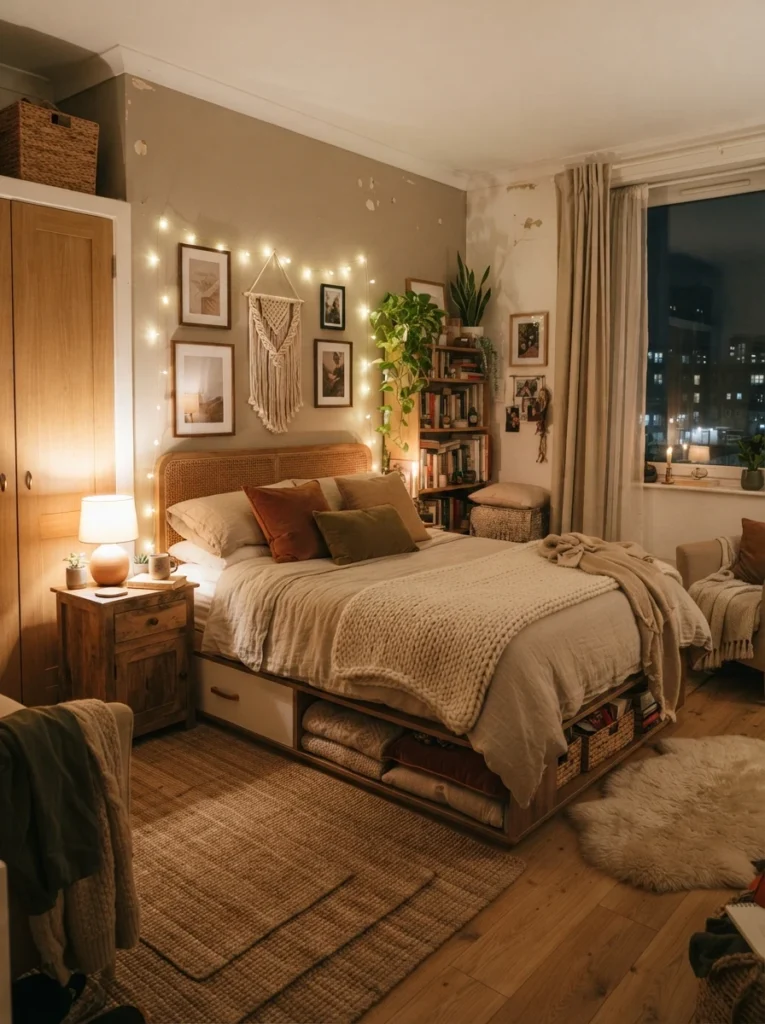 Cozy small bedroom with hidden storage and layered soft textures, linen bedding, woven accents, warm lighting, realistic apartment atmosphere