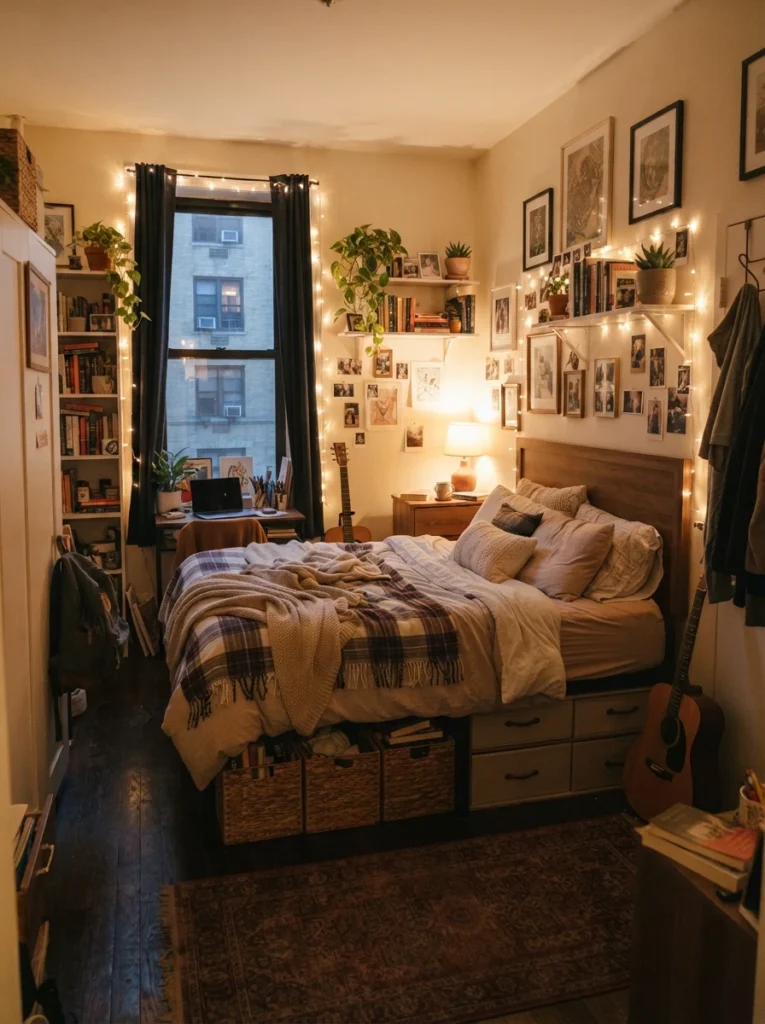 Small cozy bedroom with personal decor details and hidden storage, warm ambient lighting, realistic apartment atmosphere