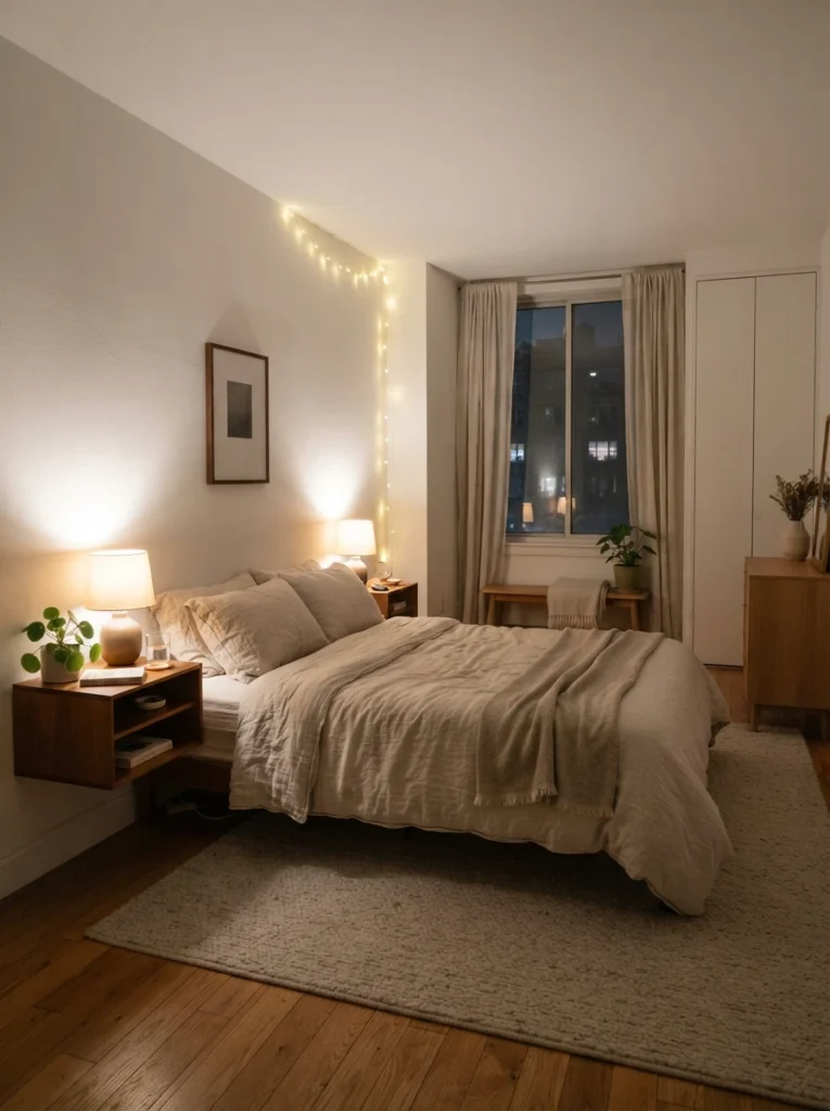 Minimal cozy bedroom with visually clean surfaces and hidden clutter, warm layered lighting, realistic apartment atmosphere