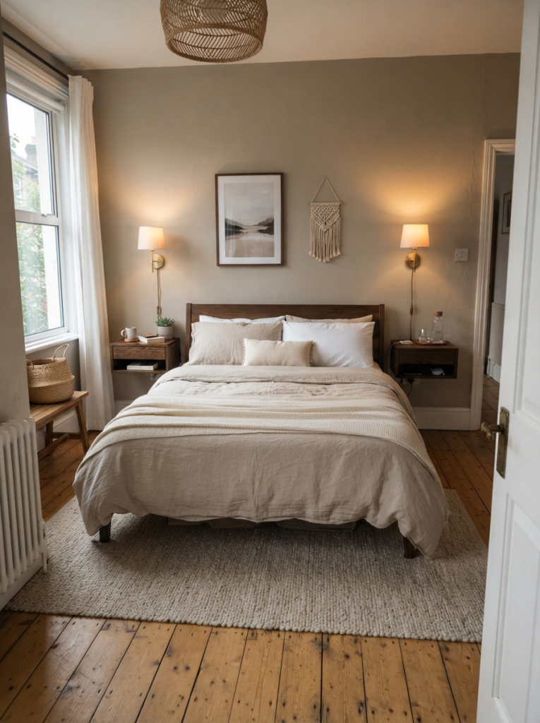 Small cozy bedroom with floating nightstands and wall sconces, visible oak flooring, warm neutral bedding, realistic apartment proportions