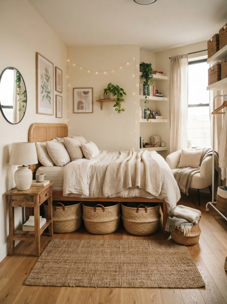 Small cozy bedroom with woven hidden storage baskets and warm neutral textures, realistic apartment atmosphere, Pinterest-style interior photography