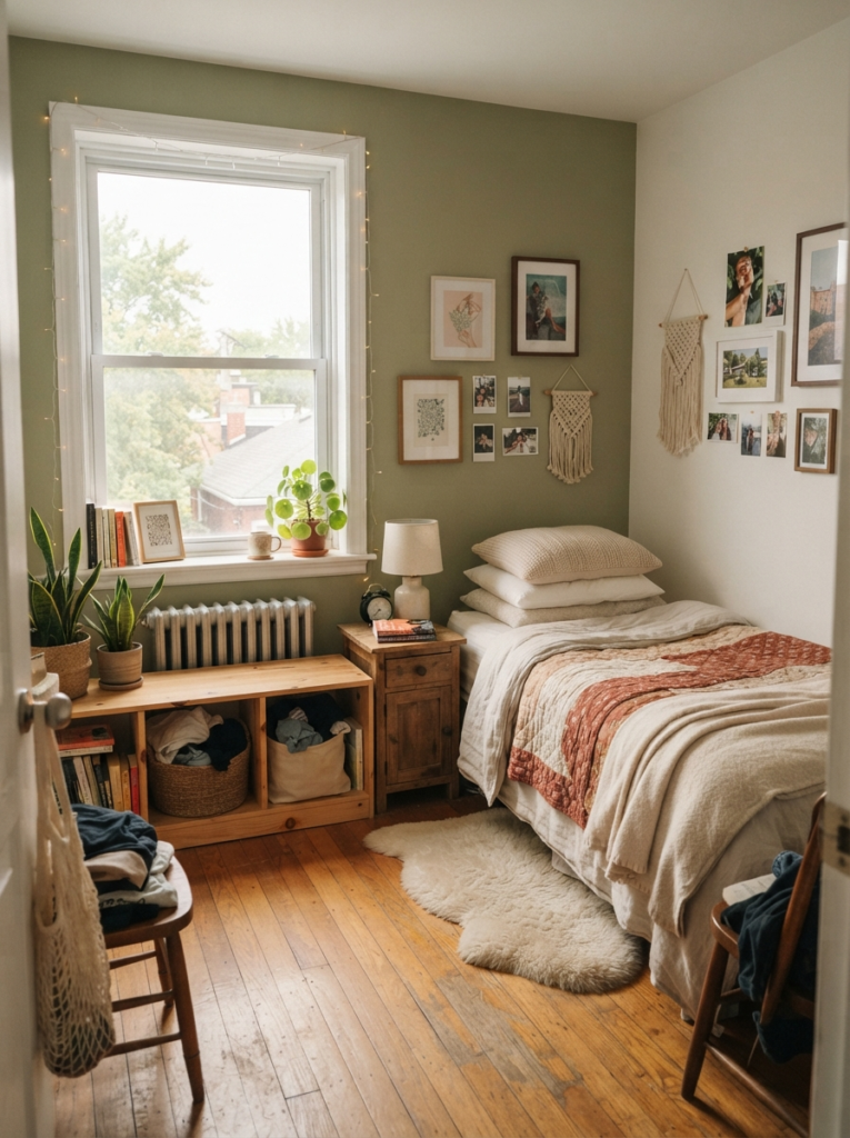 Cozy tiny bedroom with low storage beneath window and soft natural light, warm layered decor, realistic apartment atmosphere