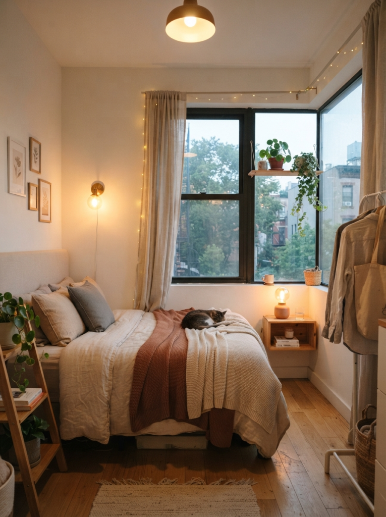 Minimal cozy tiny bedroom with one open airy corner, warm layered lighting, realistic compact apartment atmosphere