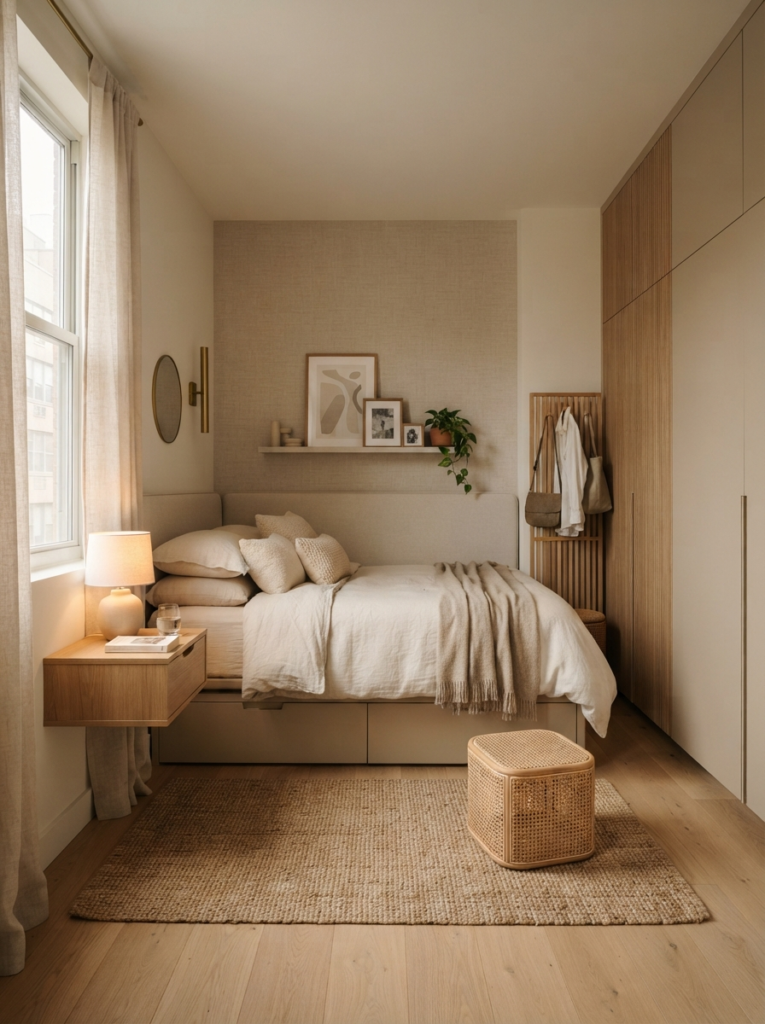 Tiny elegant bedroom with slim-profile furniture and hidden storage, warm neutral textures, realistic apartment proportions