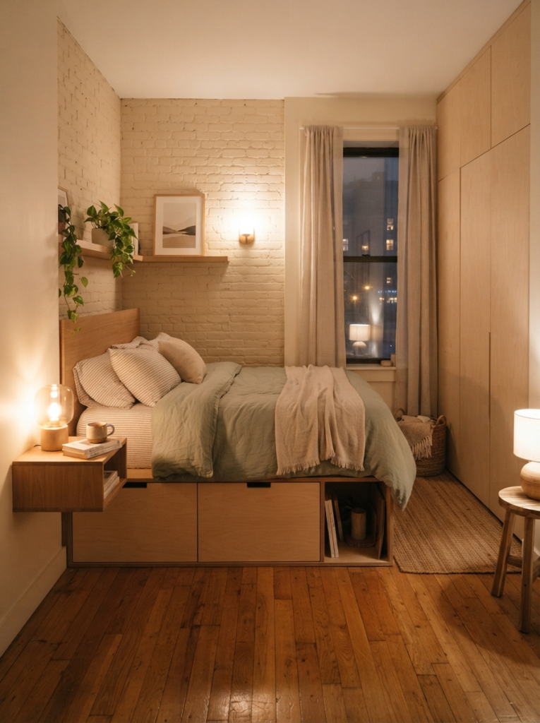 Tiny relaxing bedroom with visually calm sleeping area and hidden storage, warm ambient lighting, realistic apartment atmosphere