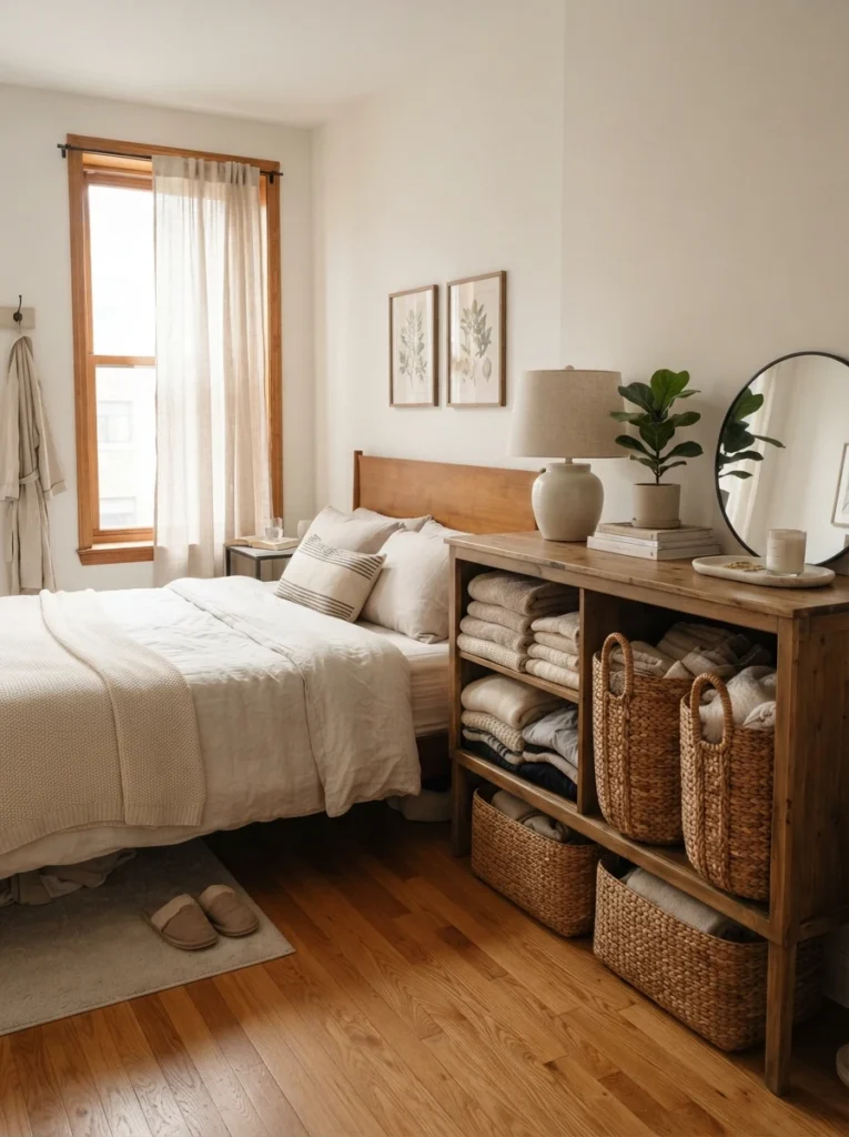 Small aesthetic bedroom with beautifully styled storage area, folded linens and woven baskets, warm neutral textures, realistic apartment atmosphere