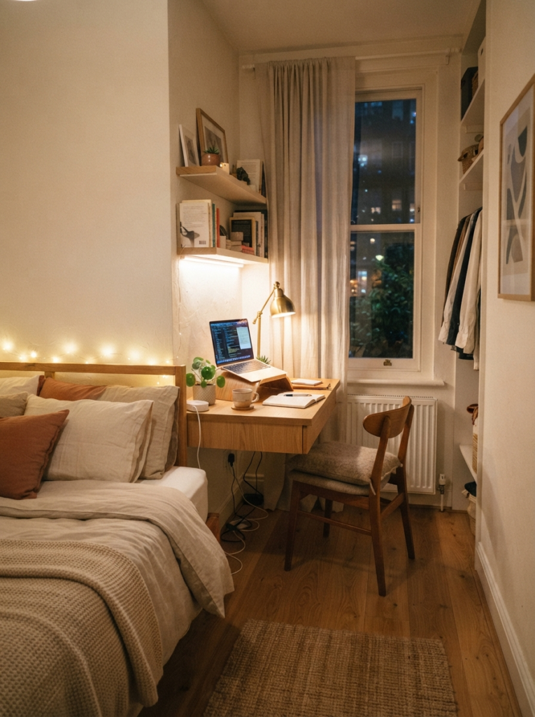 Tiny apartment bedroom with floating desk and warm ambient lighting, realistic compact workspace, cozy neutral atmosphere