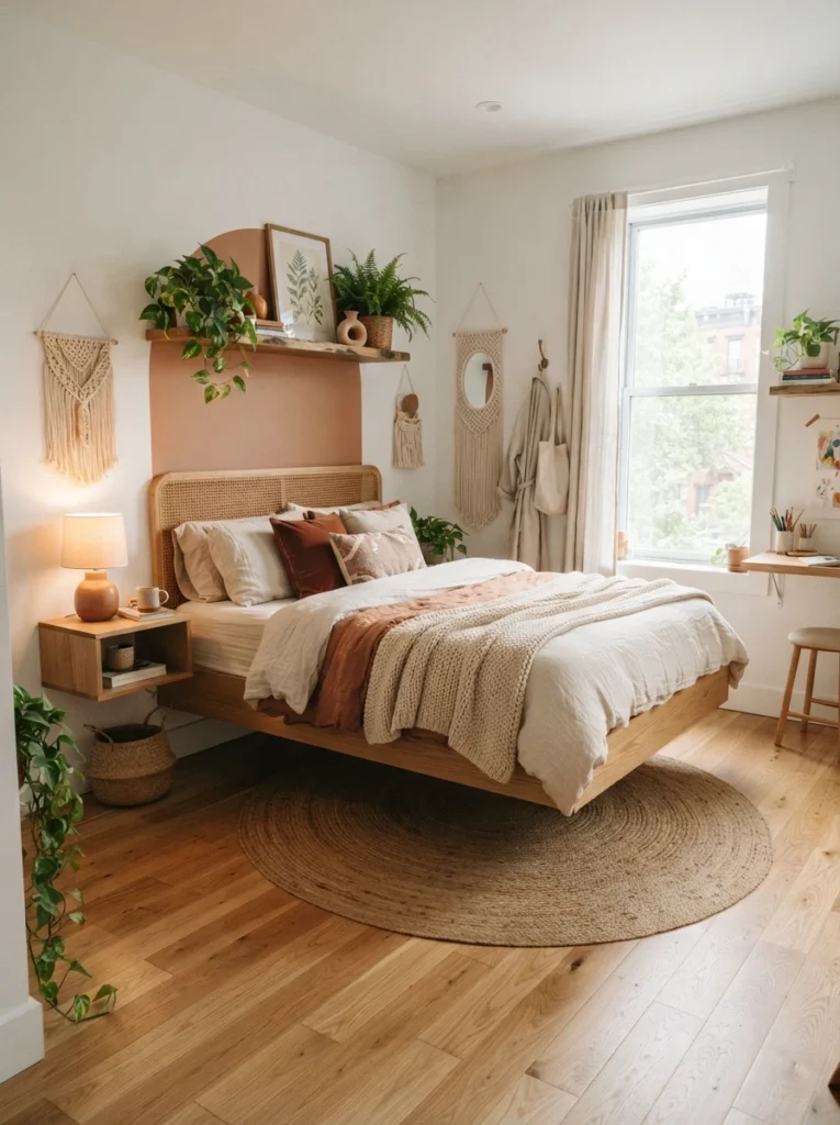 Tiny apartment bedroom with floating furniture and visible flooring, warm layered decor, realistic airy atmosphere, Pinterest-worthy photography