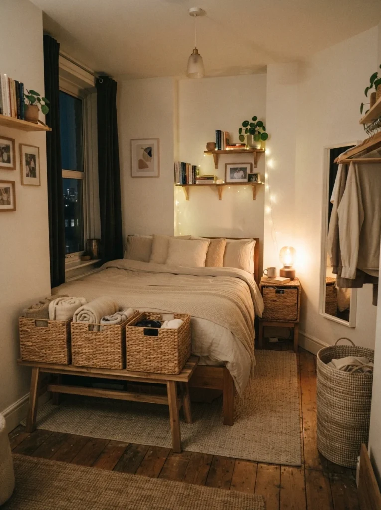 Tiny apartment bedroom with matching woven storage baskets and neutral decor palette, warm cozy lighting, realistic compact atmosphere