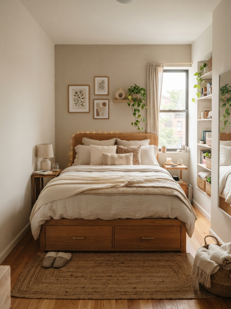 Ultra realistic tiny bedroom with centered bed and under-bed storage drawers, warm layered neutral decor, realistic compact apartment atmosphere, Pinterest-style interior photography