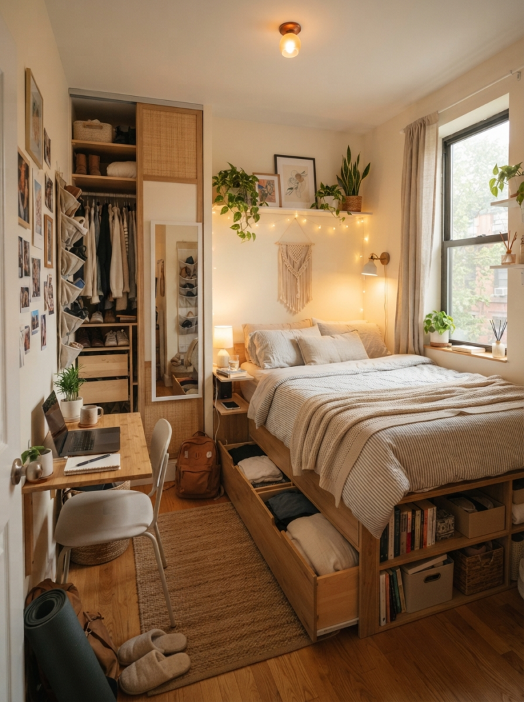 Small apartment bedroom with multifunctional furniture and hidden storage, warm cozy decor, realistic compact layout, Pinterest-style photography