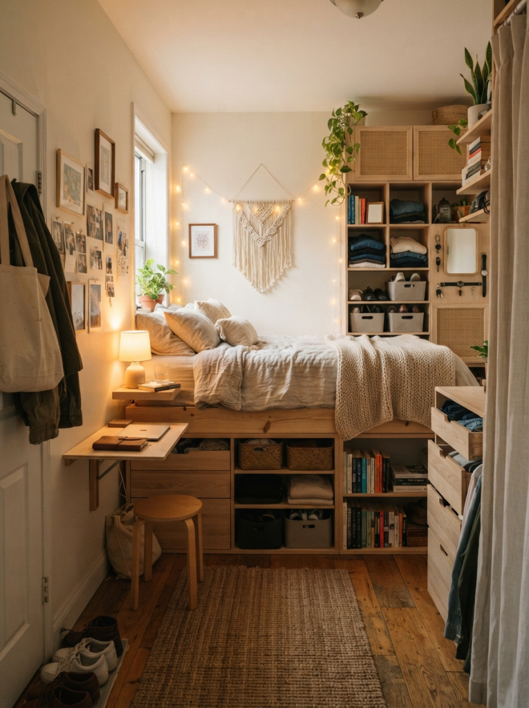 Ultra realistic tiny bedroom designed around realistic daily routines and smart storage flow, warm layered lighting, cozy apartment atmosphere, Pinterest-style interior photography