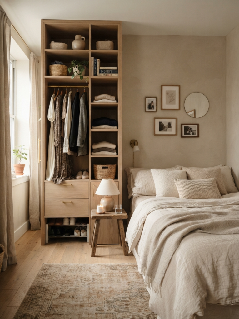 Tiny bedroom with slim closet extension storage and warm neutral styling, realistic apartment atmosphere, Pinterest-worthy ultra realistic photography