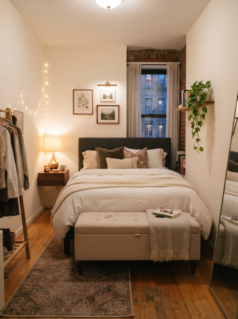Elegant tiny bedroom with upholstered storage bench at foot of bed, warm layered lighting, realistic apartment atmosphere, Pinterest-style photography