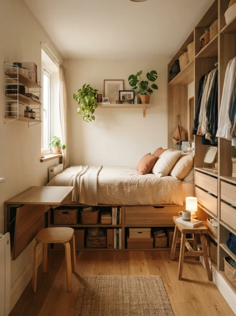 Tiny bedroom with multifunctional storage furniture and warm neutral styling, realistic compact apartment atmosphere, ultra realistic Pinterest photography