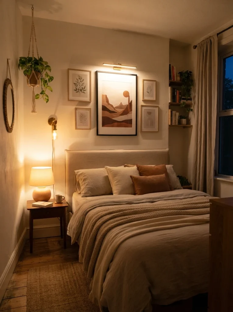 A small bedroom with a bright accent light highlighting a framed print against a softer ambient glow elsewhere in the room, clear contrast and depth, cozy neutral styling, evening ambiance, vertical Pinterest photography, warm layered lighting.