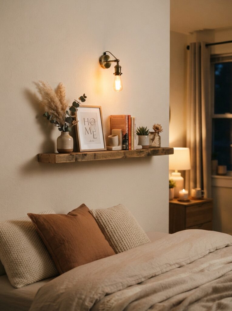 A flexible gooseneck clip-on lamp attached to a lofted dorm bed frame, warm focused light on an open book, cozy compact styling, evening ambiance, vertical Pinterest photography, warm functional detail.
