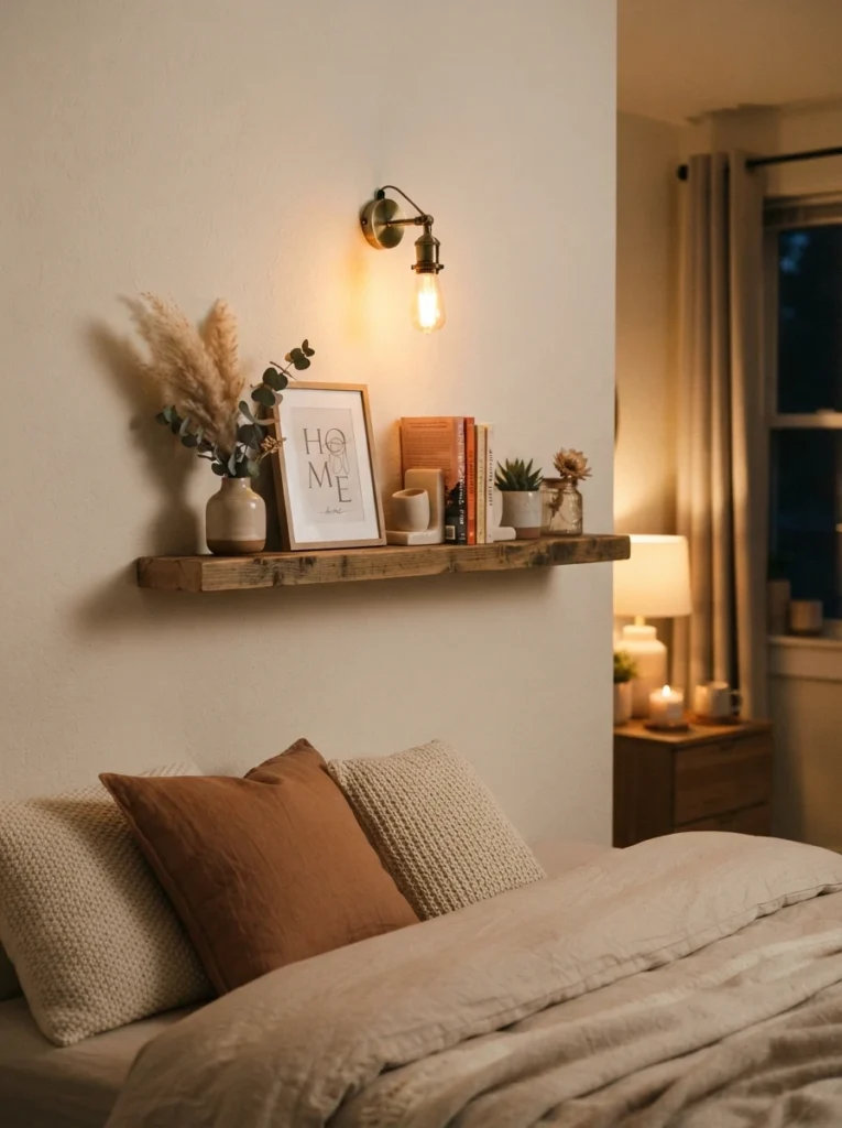 A small accent light illuminating a styled decorative shelf in a small apartment bedroom, warm focused glow, cozy neutral styling, evening ambiance, vertical Pinterest photography, warm curated tones.