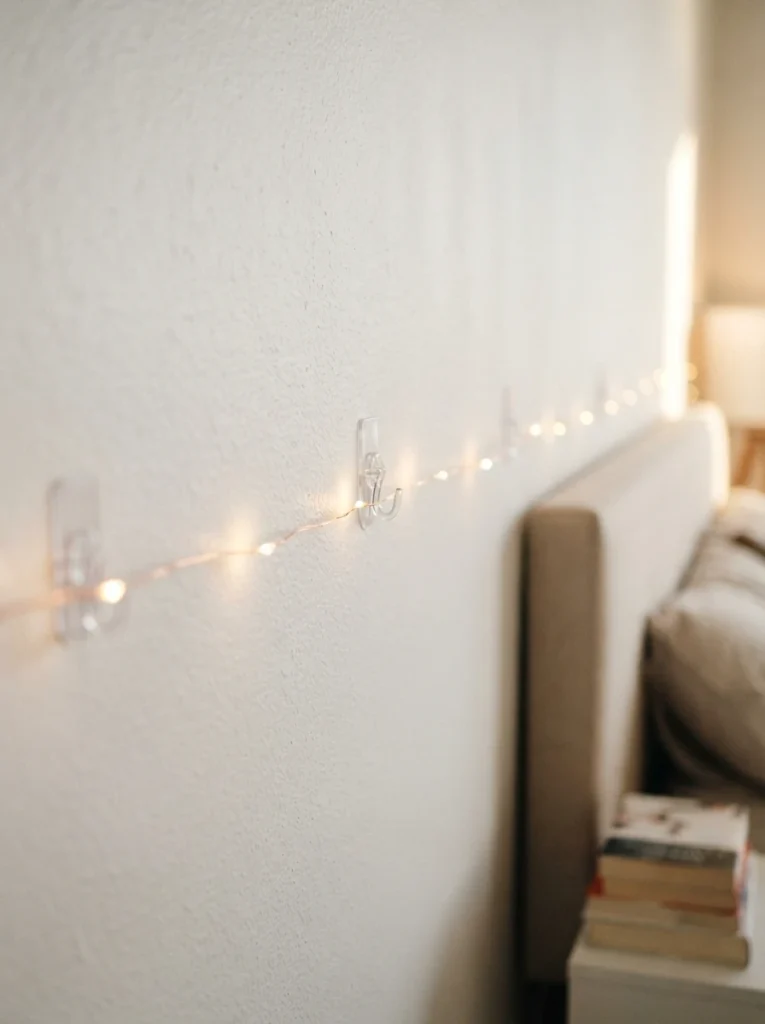 Close-up of small clear adhesive hooks holding a neat line of warm fairy lights along a white bedroom wall, minimal visible hardware, cozy soft glow, vertical Pinterest photography, warm clean detail shot.