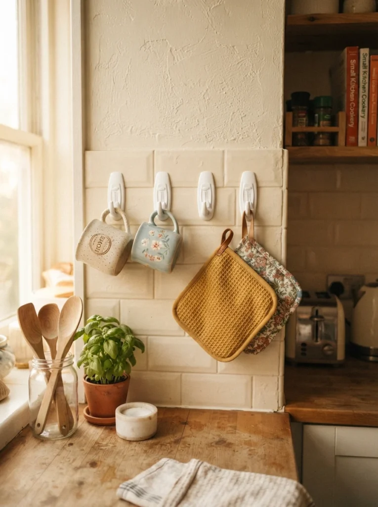 Removable adhesive hooks mounted on a kitchen wall holding pot holders and mugs, small apartment kitchen, warm lighting, vertical Pinterest photography, warm damage-free styling.