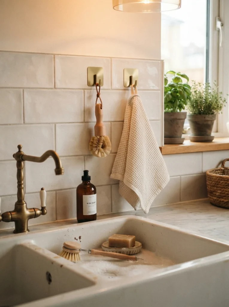 Adhesive hooks mounted on a backsplash above a kitchen sink, holding a dish scrubber and towel, warm kitchen lighting, vertical Pinterest photography, warm sink-side styling.