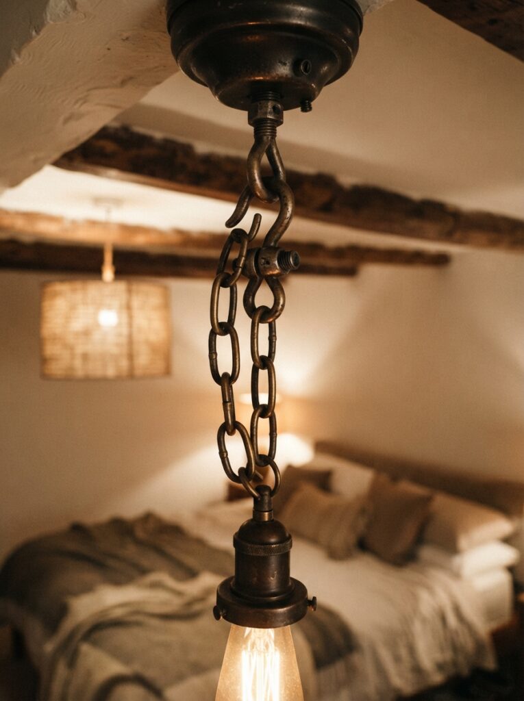A single pendant light hanging beside a bed in a small low-ceiling bedroom, warm glow positioned safely out of the walking path, cozy neutral bedding, evening ambiance, vertical Pinterest photography, warm intentional placement.