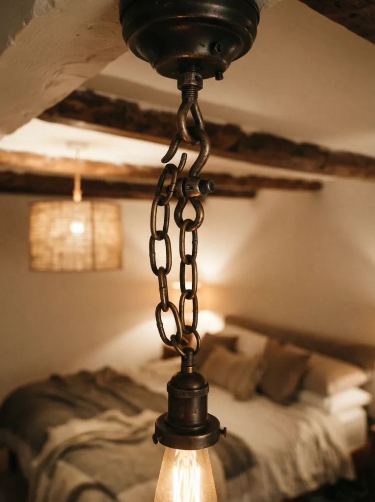 Close-up of an adjustable chain mechanism on a pendant light, warm glow visible above, cozy low-ceiling bedroom in the background, evening ambiance, vertical Pinterest photography, warm mechanical detail shot.