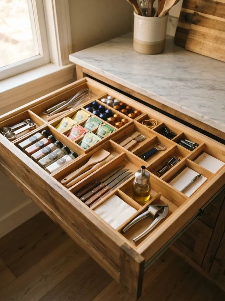 Adjustable modular dividers arranged inside a kitchen drawer, customized compartments holding varied small items, warm kitchen lighting, vertical Pinterest photography, warm flexible styling.