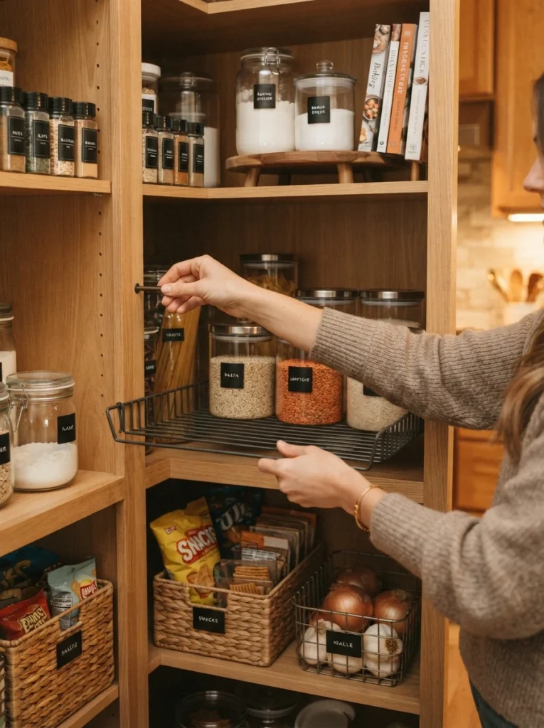 Adjustable pantry shelves being repositioned to different heights, better fitting the items stored, warm kitchen lighting, vertical Pinterest photography, warm reconfigured styling.