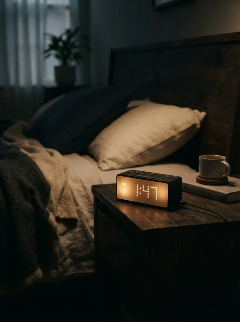 A small amber-toned digital alarm clock glowing softly on a dark bedroom nightstand, dim cozy atmosphere, blankets faintly visible nearby, calm nighttime mood, vertical Pinterest photography, warm minimal lighting detail.