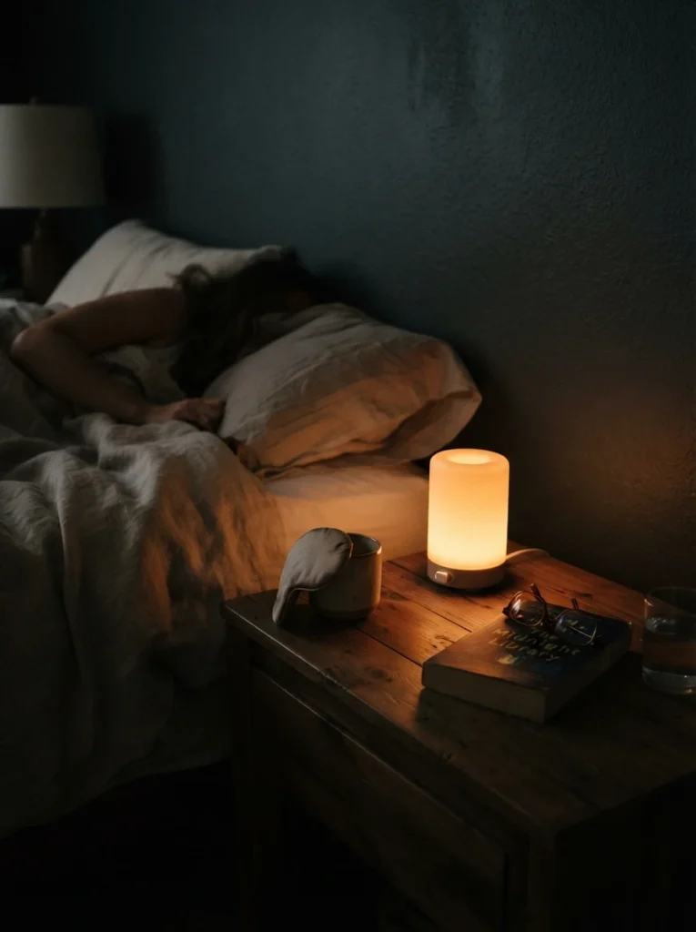 A small amber night light glowing softly on a bedroom nightstand during the final minutes before sleep, dim cozy atmosphere, neutral bedding barely visible, calm wind-down mood, vertical Pinterest photography, warm intimate close-up.