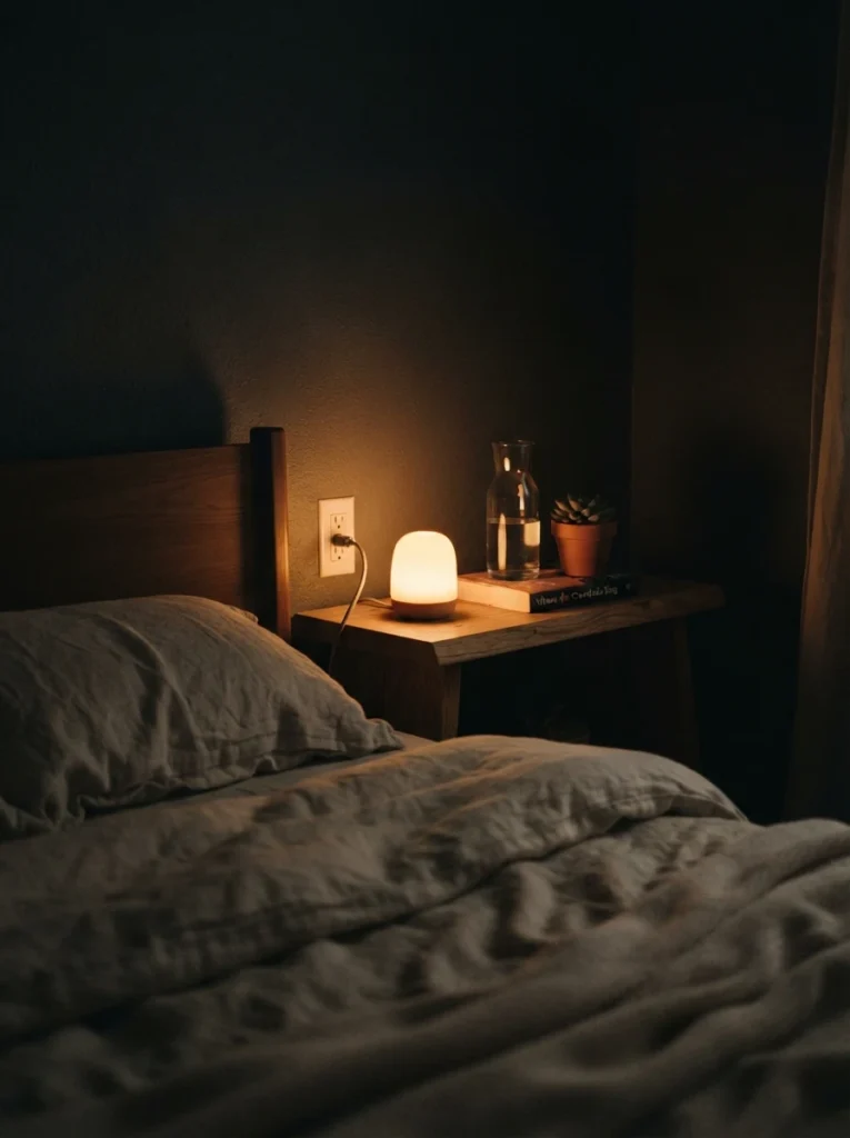 A small dedicated amber night light glowing on a low shelf in a dark bedroom, soft minimal illumination, cozy neutral bedding barely visible, calm nighttime wind-down atmosphere, vertical Pinterest photography, warm intimate tones.