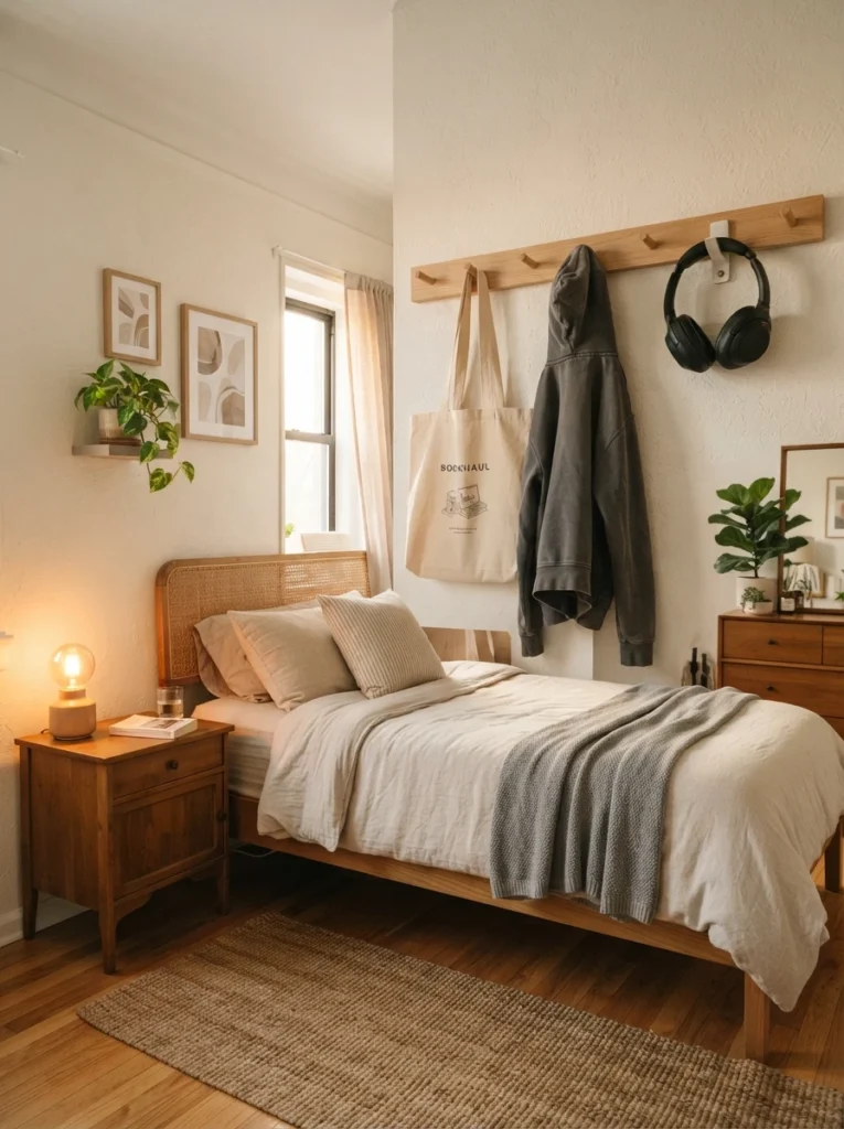 Small apartment bedroom with minimalist wooden peg rail holding tote bag, hoodie, and headphones, cozy warm lighting, realistic renter-friendly layout, soft neutral textures, calm organized atmosphere, ultra realistic Pinterest home decor photography