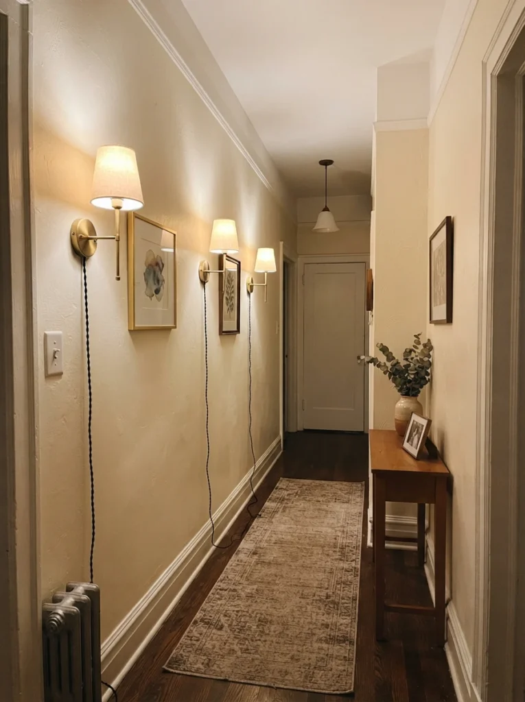 A narrow apartment hallway lined with three evenly spaced plug-in wall sconces, warm glowing pools of light along cream walls, small framed art between fixtures, cozy transitional space, vertical Pinterest photography, warm inviting tones.