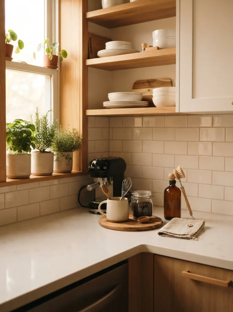 A fold-down wall-mounted table in a small kitchen, doubling as prep space and storage, warm lighting, vertical Pinterest photography, warm multi-functional styling.
