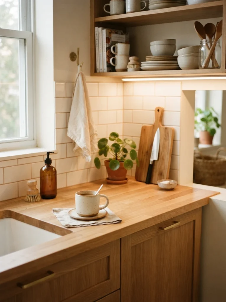 A small apartment kitchen counter kept clear except for daily-use items, warm lighting, vertical Pinterest photography, warm minimal styling.